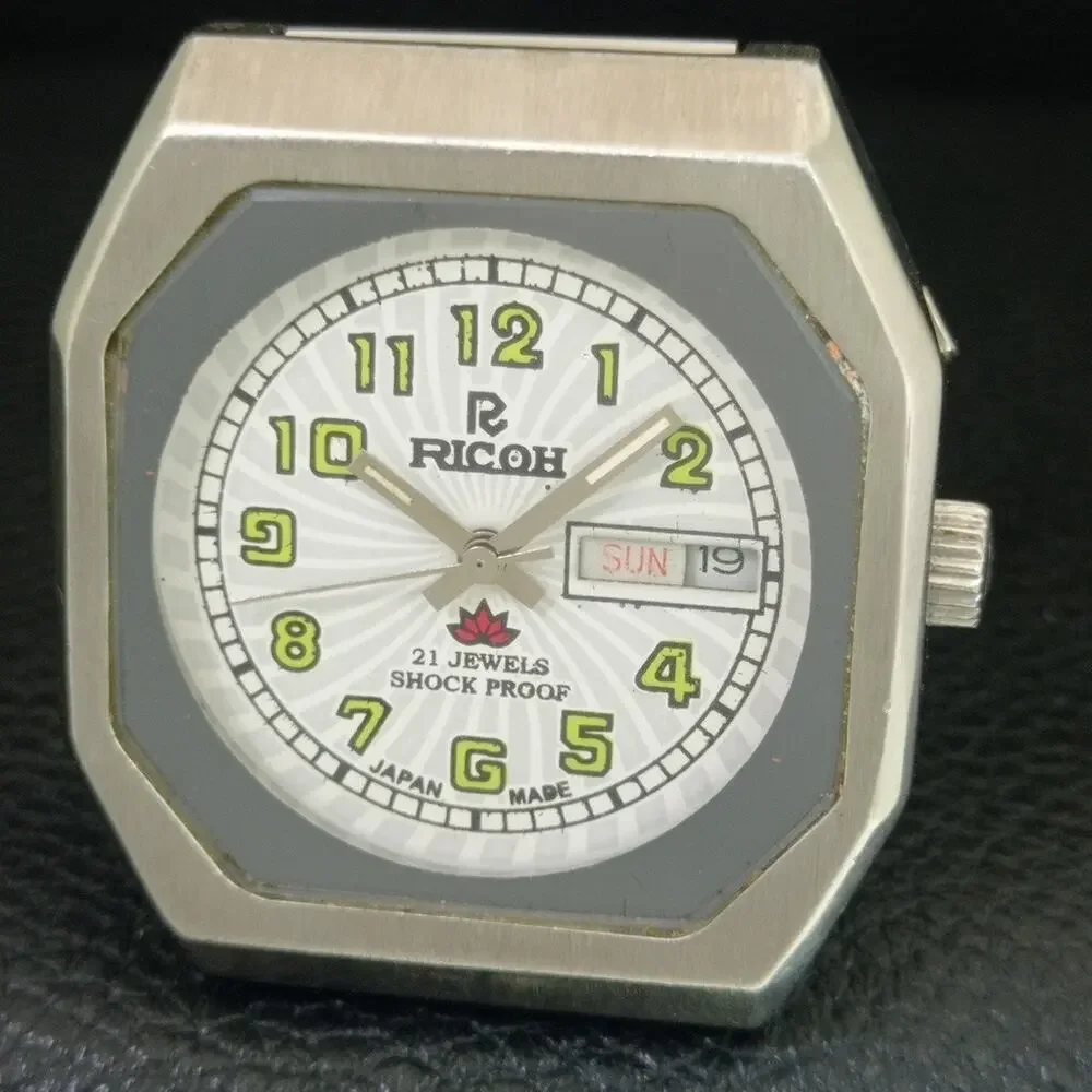 Vintage 1986 Ricoh Automatic Mens Silver Watch W/daydate & Green accents